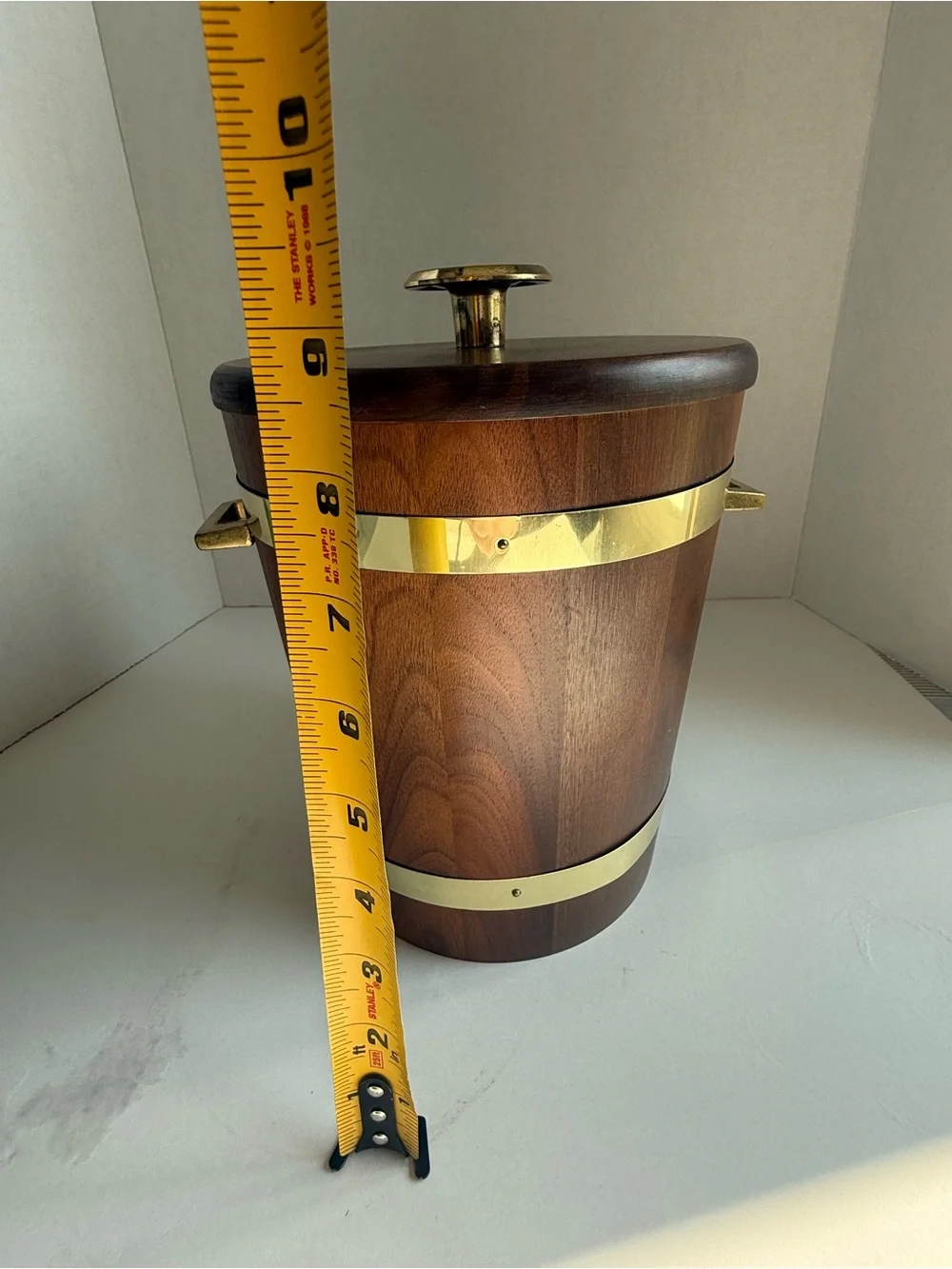 Mid-Century Woodgrain Ice Bucket with Gold Trim - Brown